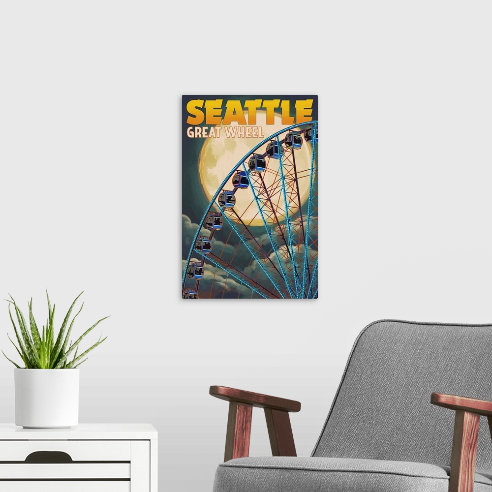 A modern room featuring The Great Wheel and Full Moon - Seattle, Washington: Retro Travel Poster