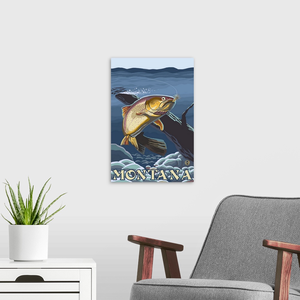 A modern room featuring Trout Fishing Cross-Section - Montana: Retro Travel Poster