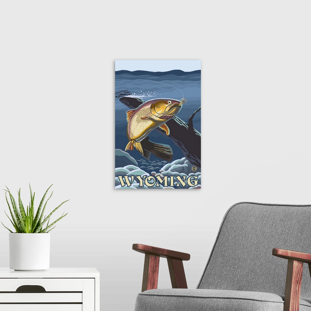 A modern room featuring Trout Fishing Cross-Section - Wyoming: Retro Travel Poster