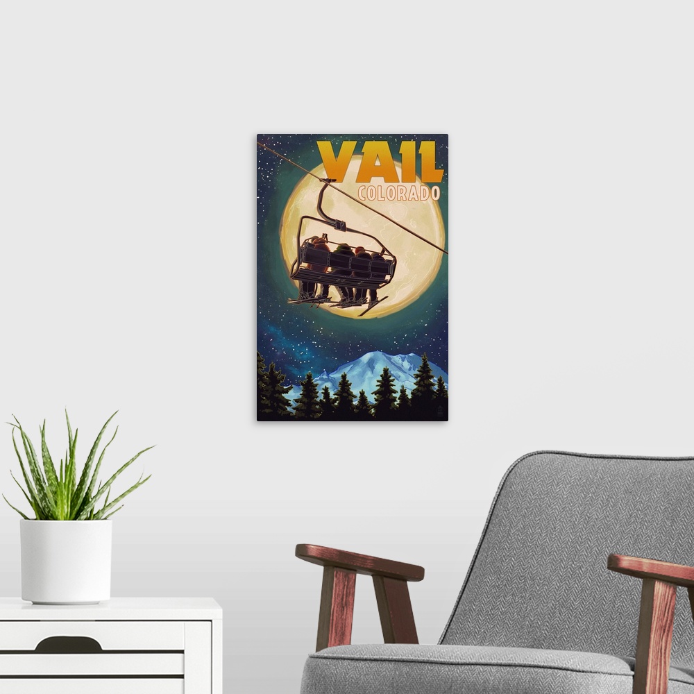 A modern room featuring Vail, Colorado - Ski Lift and Full Moon: Retro Travel Poster
