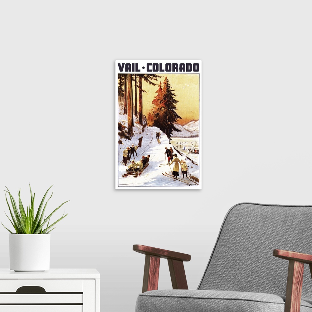 A modern room featuring Vail, Colordao - Sledding and Skiing: Retro Travel Poster