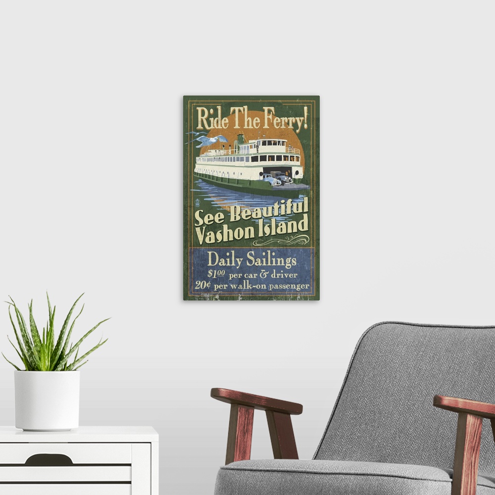 A modern room featuring Vashon Island, Washington - Ferry Ride Vintage Sign: Retro Travel Poster