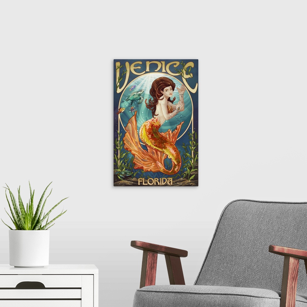A modern room featuring Venice, Florida - Mermaid: Retro Travel Poster