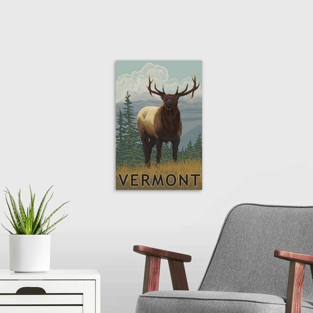 A modern room featuring Vermont - Elk Scene: Retro Travel Poster