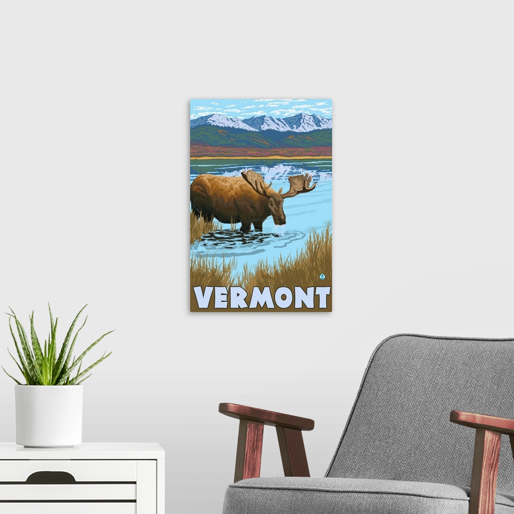 A modern room featuring Vermont - Moose Drinking in Lake: Retro Travel Poster