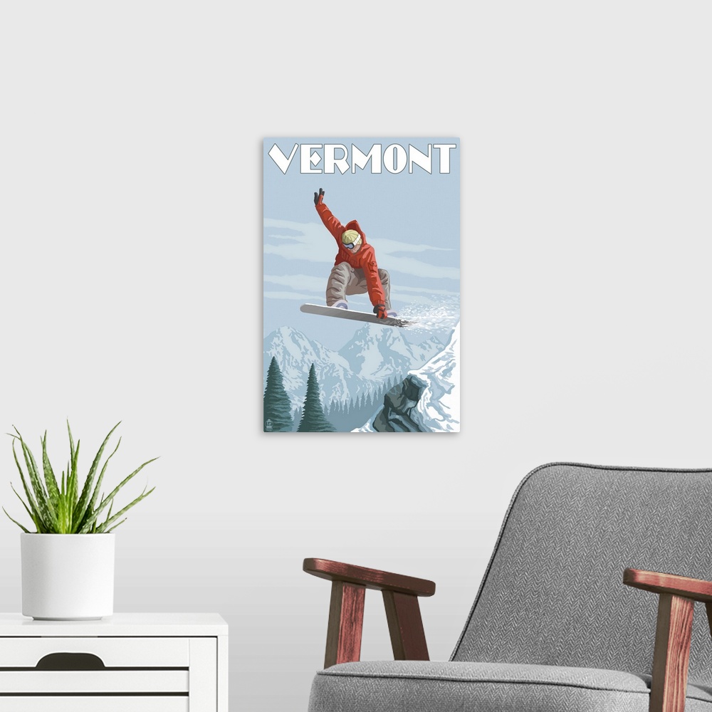 A modern room featuring Retro stylized art poster of a snowboarder jumping in the air, with a mountainous valley in the b...