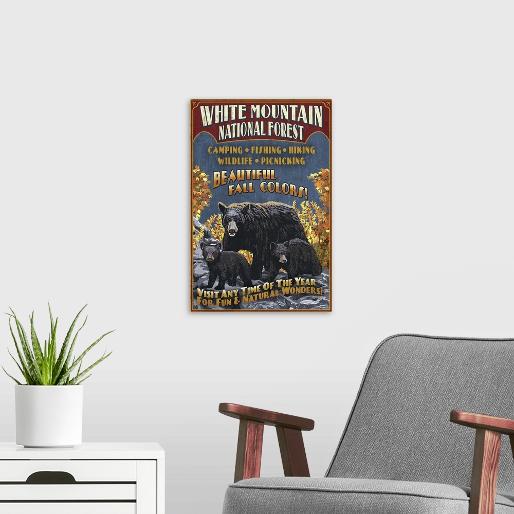 A modern room featuring White Mountains, New Hampshire - Black Bear Vintage Sign: Retro Travel Poster