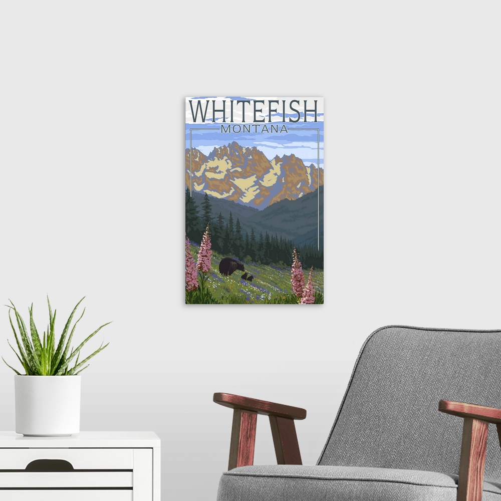 A modern room featuring Whitefish, Montana - Bear and Spring Flowers: Retro Travel Poster