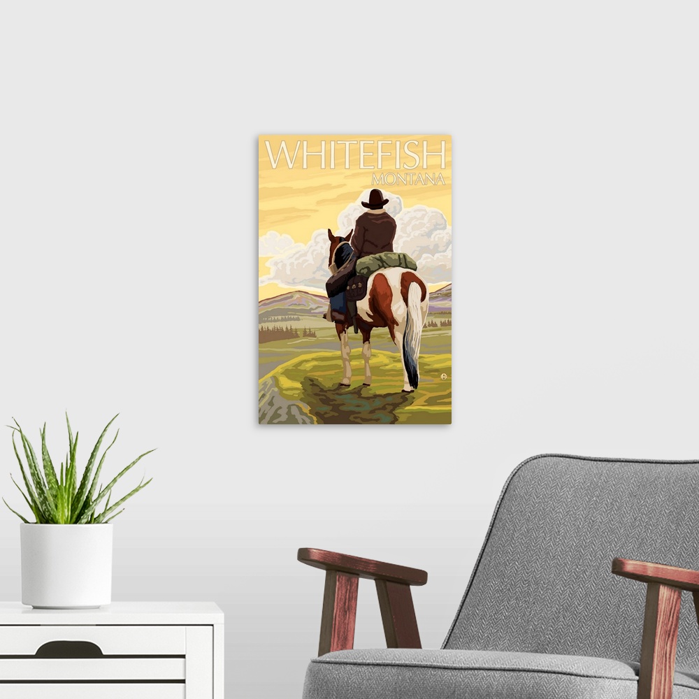 A modern room featuring Whitefish, Montana - Cowboy (back): Retro Travel Poster