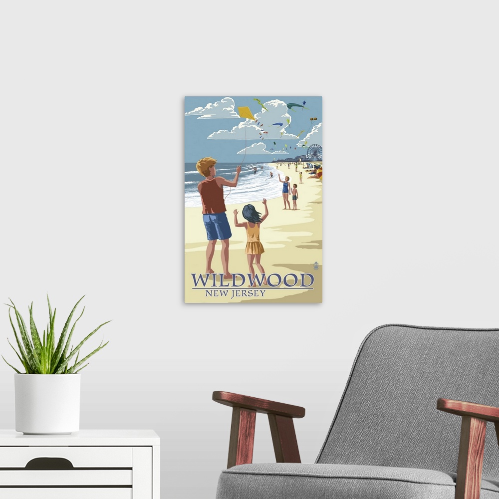 A modern room featuring Wildwood, New Jersey - Kite Flyers: Retro Travel Poster
