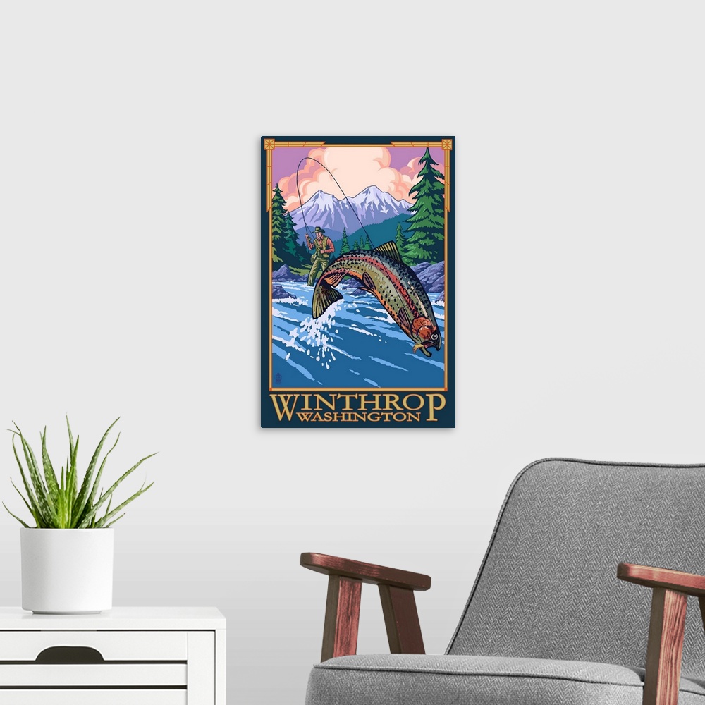 A modern room featuring Retro stylized art poster of fisherman catching a fish in a river, near a forest.