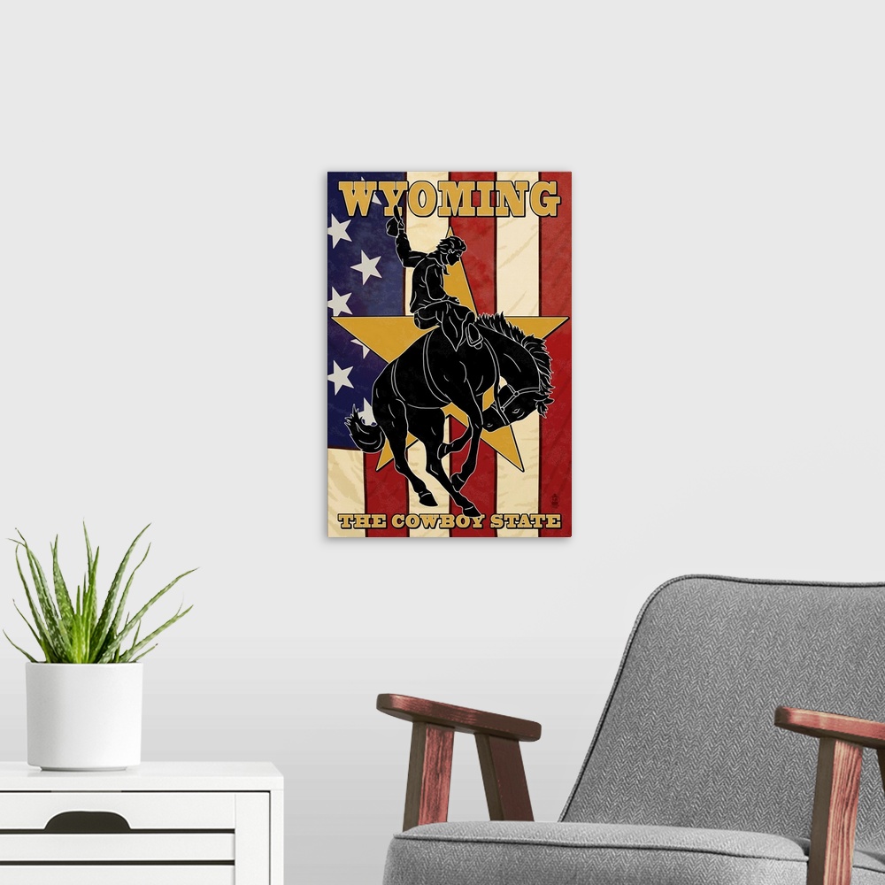 A modern room featuring Wyoming Cowboy: Retro Travel Poster