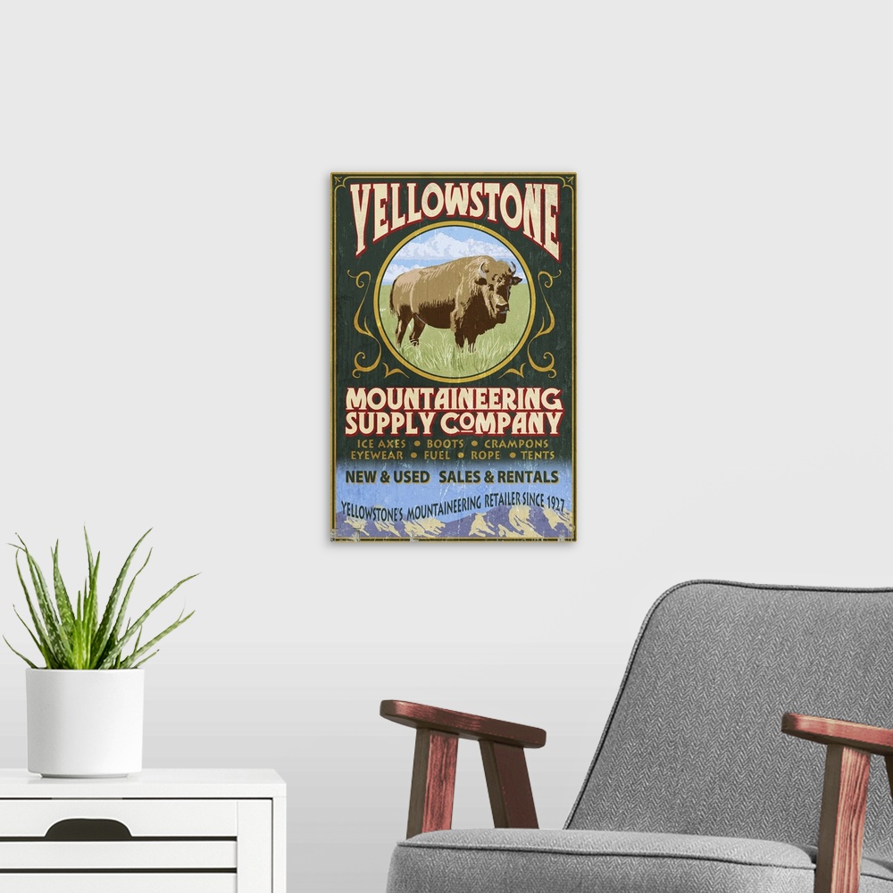 A modern room featuring Yellowstone National Park - Bison Mountaineering Vintage Sign: Retro Travel Poster