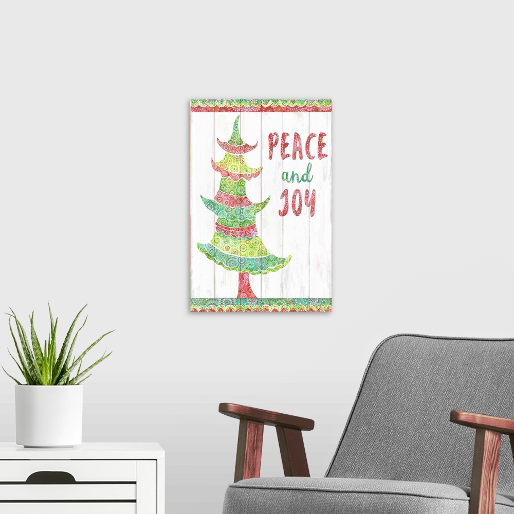 A modern room featuring Festive tree design in watercolor on faux white washed shiplap. Green and red watercolor patterns.