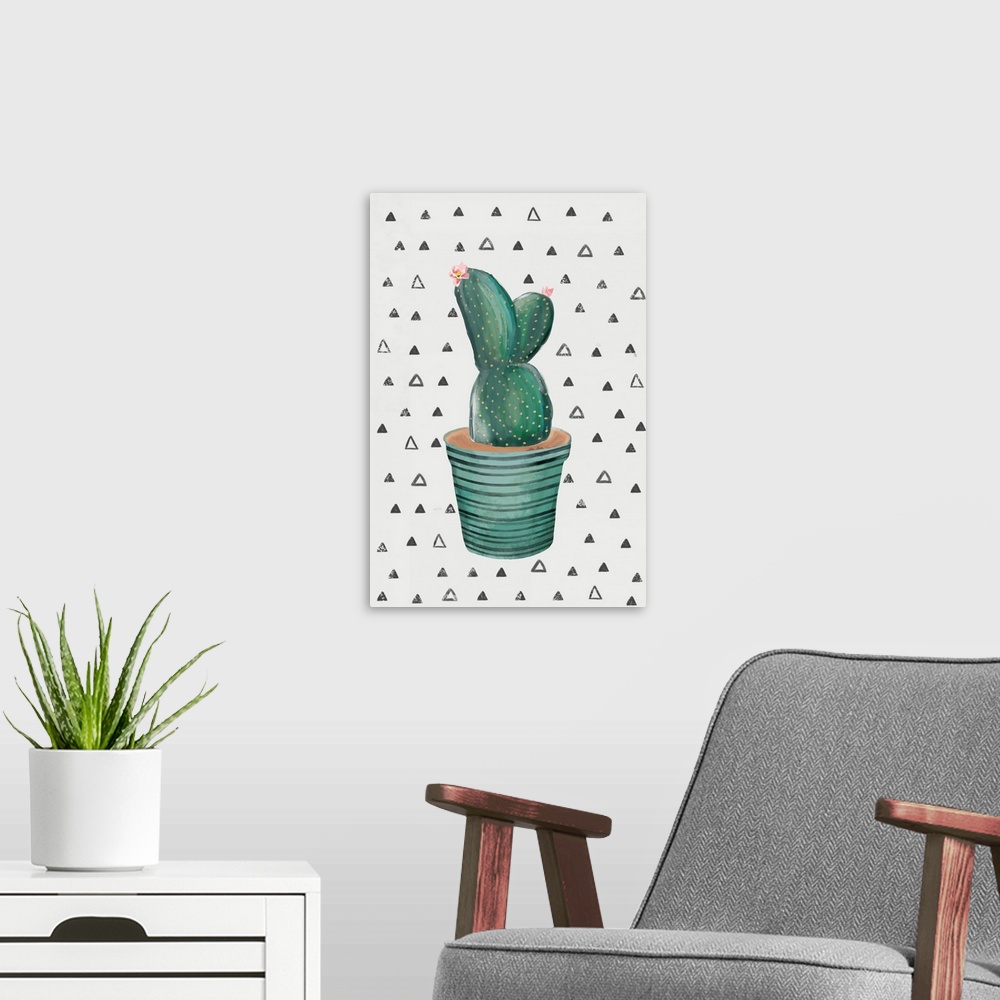 A modern room featuring Creative artwork of a blooming cactus in a teal flowerpot on a white background with small triang...