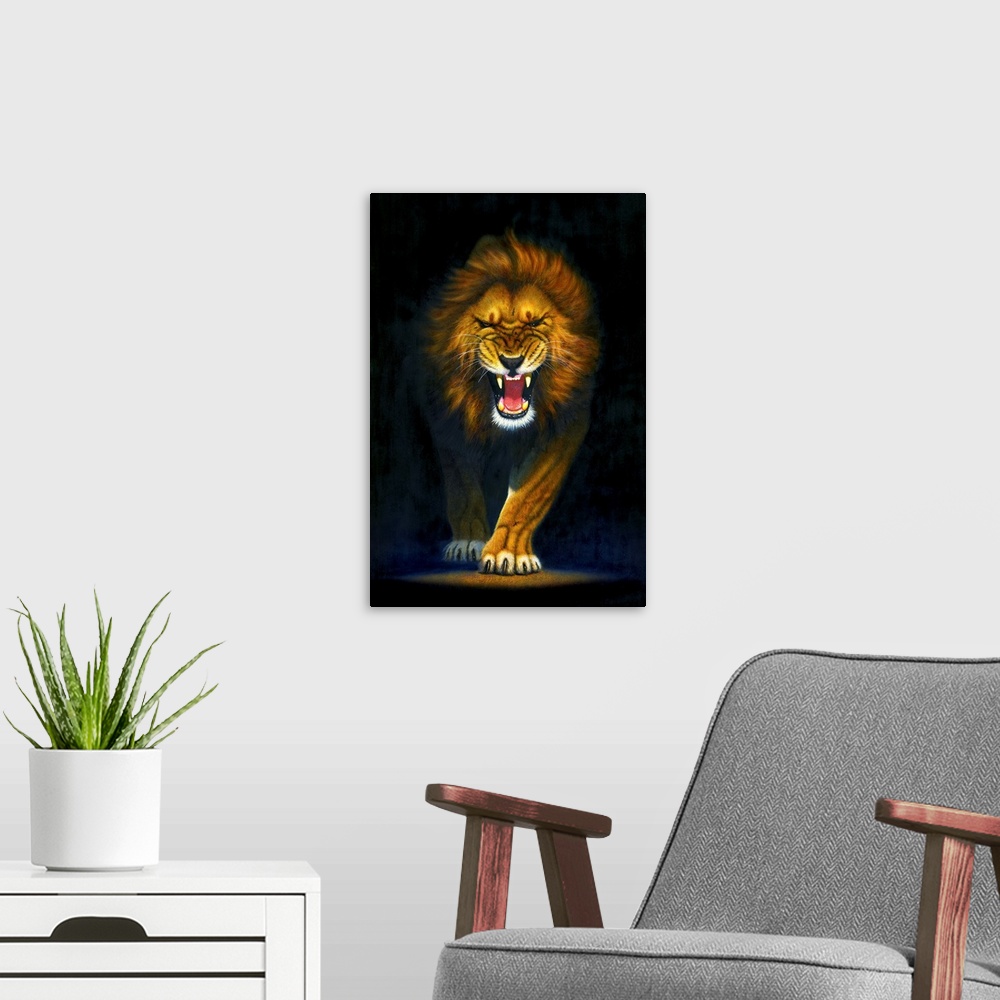 A modern room featuring A large vertical painting of a lion as it walks forward and snarls showing its teeth.