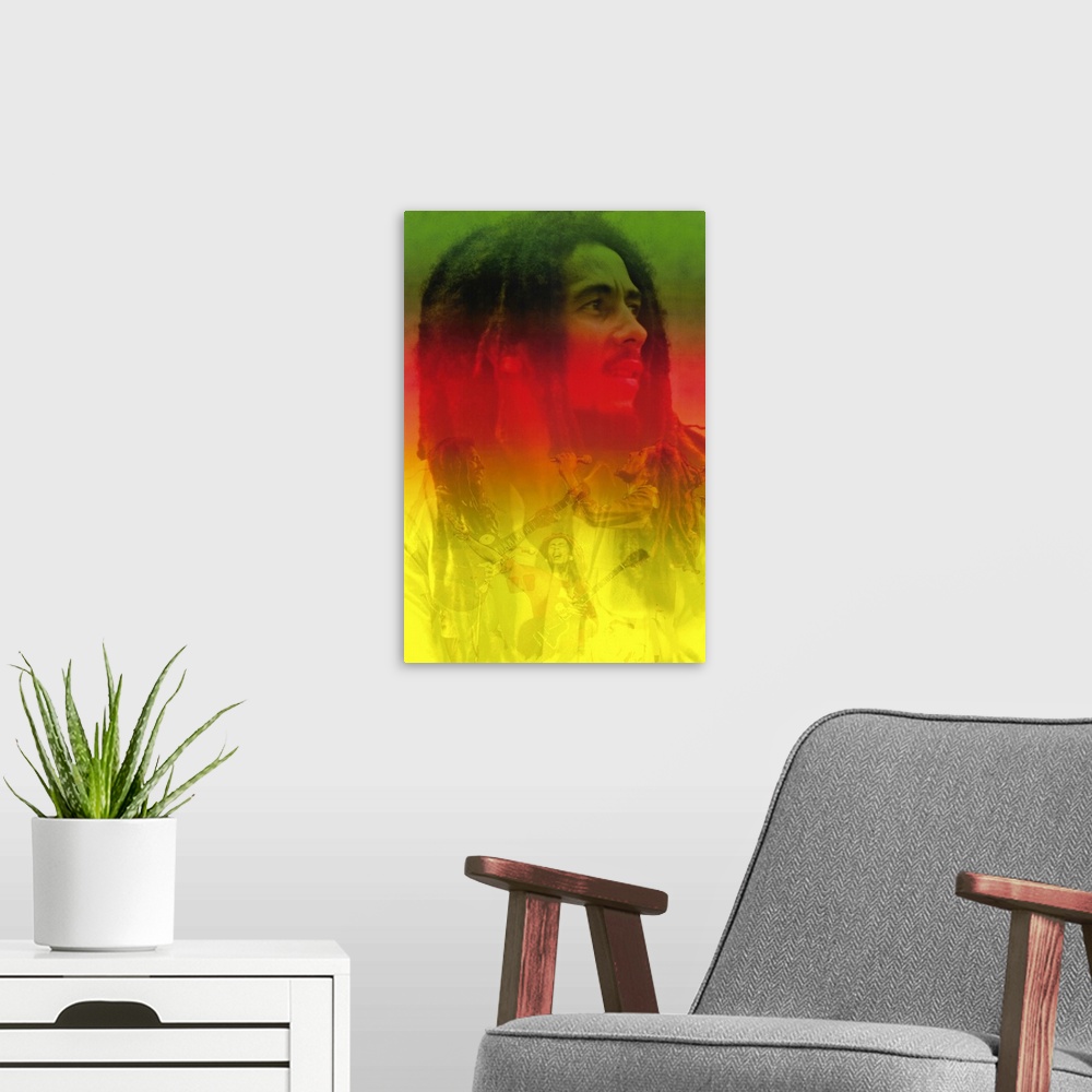 A modern room featuring Ombre photograph of picture collage celebrating Jamaican reggae singer-songwriter and guitarist.