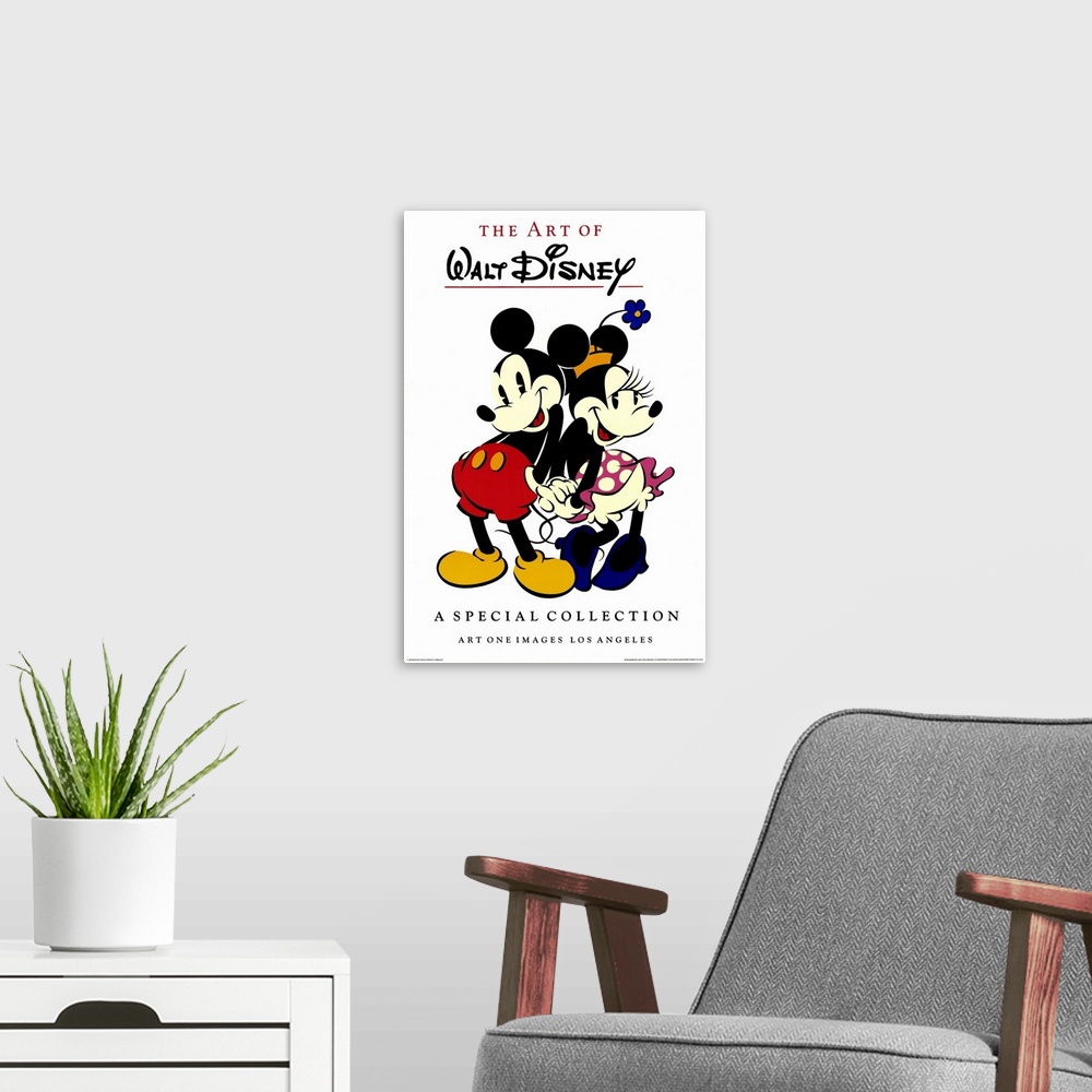 A modern room featuring This poster featuring the animation studio's star couple is advertising an exhibit of Walt Disney...