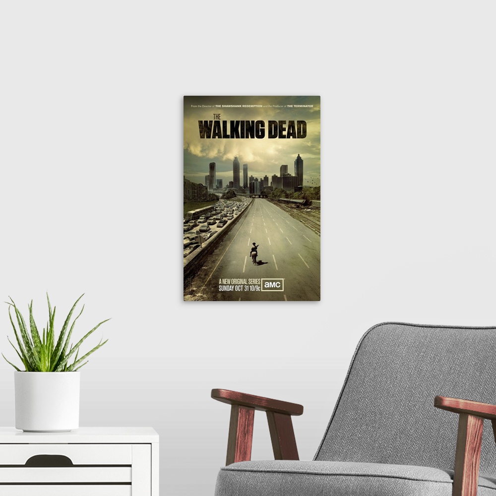 A modern room featuring Police officer Rick Grimes leads a group of survivors in a world overrun by zombies.