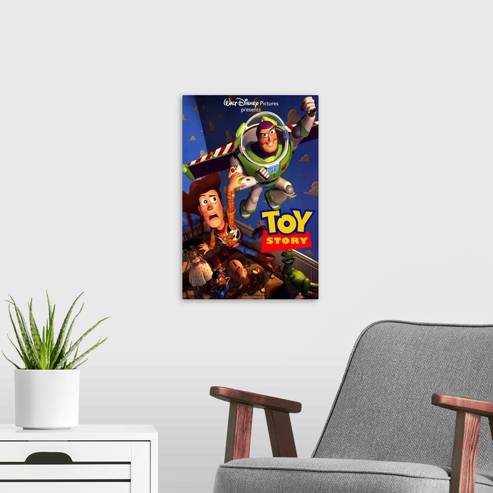 A modern room featuring Portrait, large movie poster of Toy Story.  Buzz lightyear flying through the air, Woody holding ...