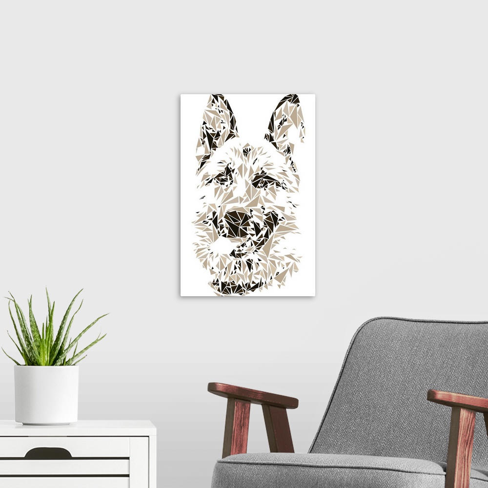 A modern room featuring A German Shepherd dog made up of triangular geometric shapes.