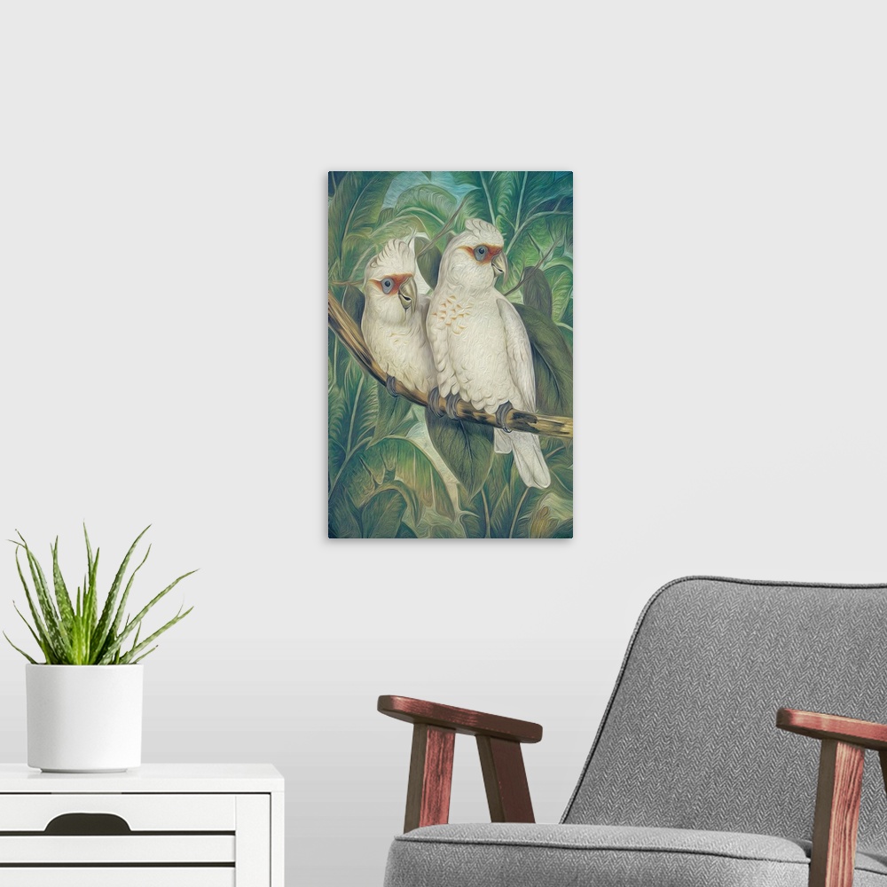 A modern room featuring A painterly textured image of two white cuckoos on a branch in front of a green jungle leaf backg...