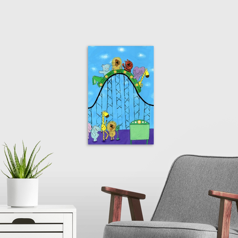 A modern room featuring Animals in the rollercoaster, created by Irish artist Carla Daly.