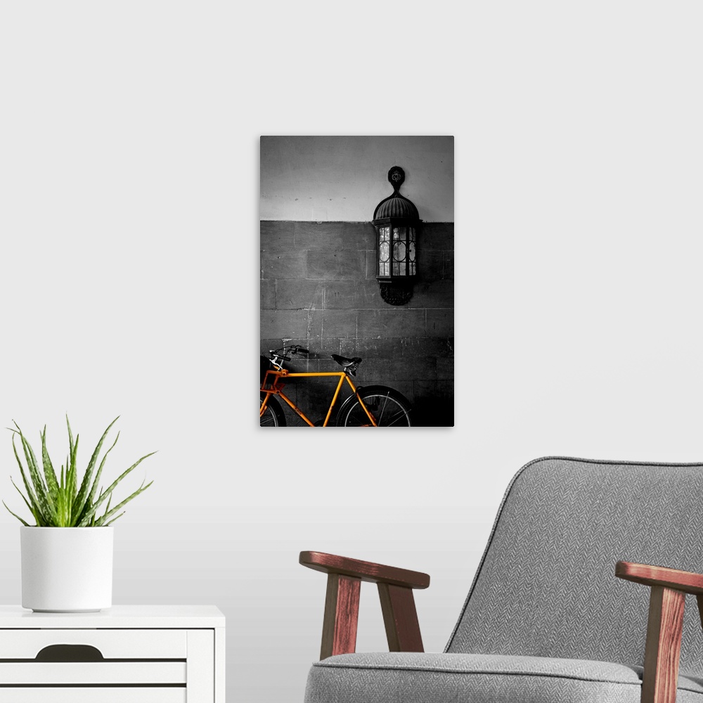 A modern room featuring Contemporary photograph of brightly colored bicycle with antique light fixture on brick wall in b...