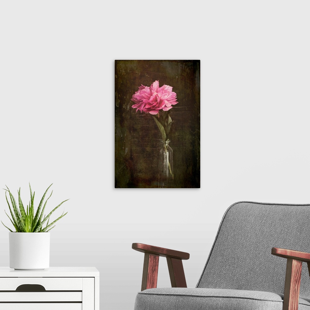 A modern room featuring A peony in a vase with a photo texture