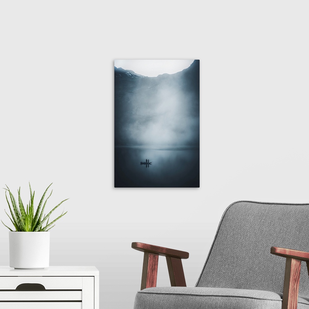 A modern room featuring Fishermen on a boat in the middle of the mist