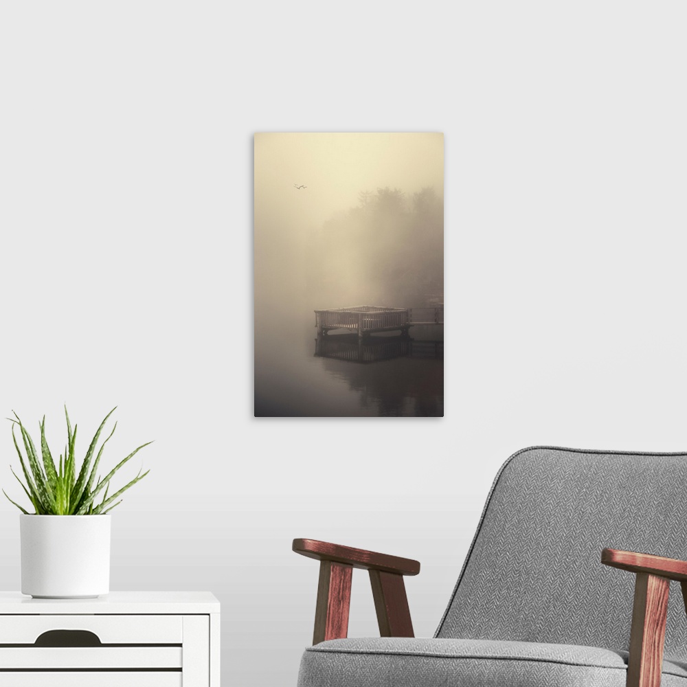 A modern room featuring Pontoon in the fog with a flock of birds