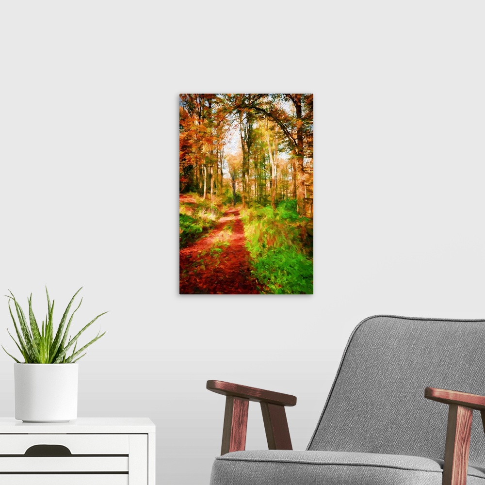 A modern room featuring A photograph of a forest with turning autumn foliage.
