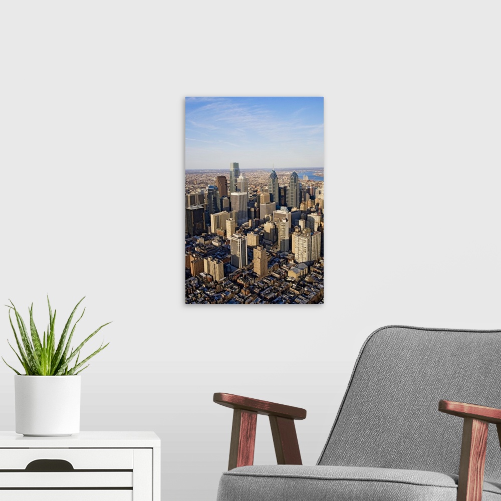 A modern room featuring Aerial sunset views of Philiadelphia, Pennsylvania, the City of Brotherly Love