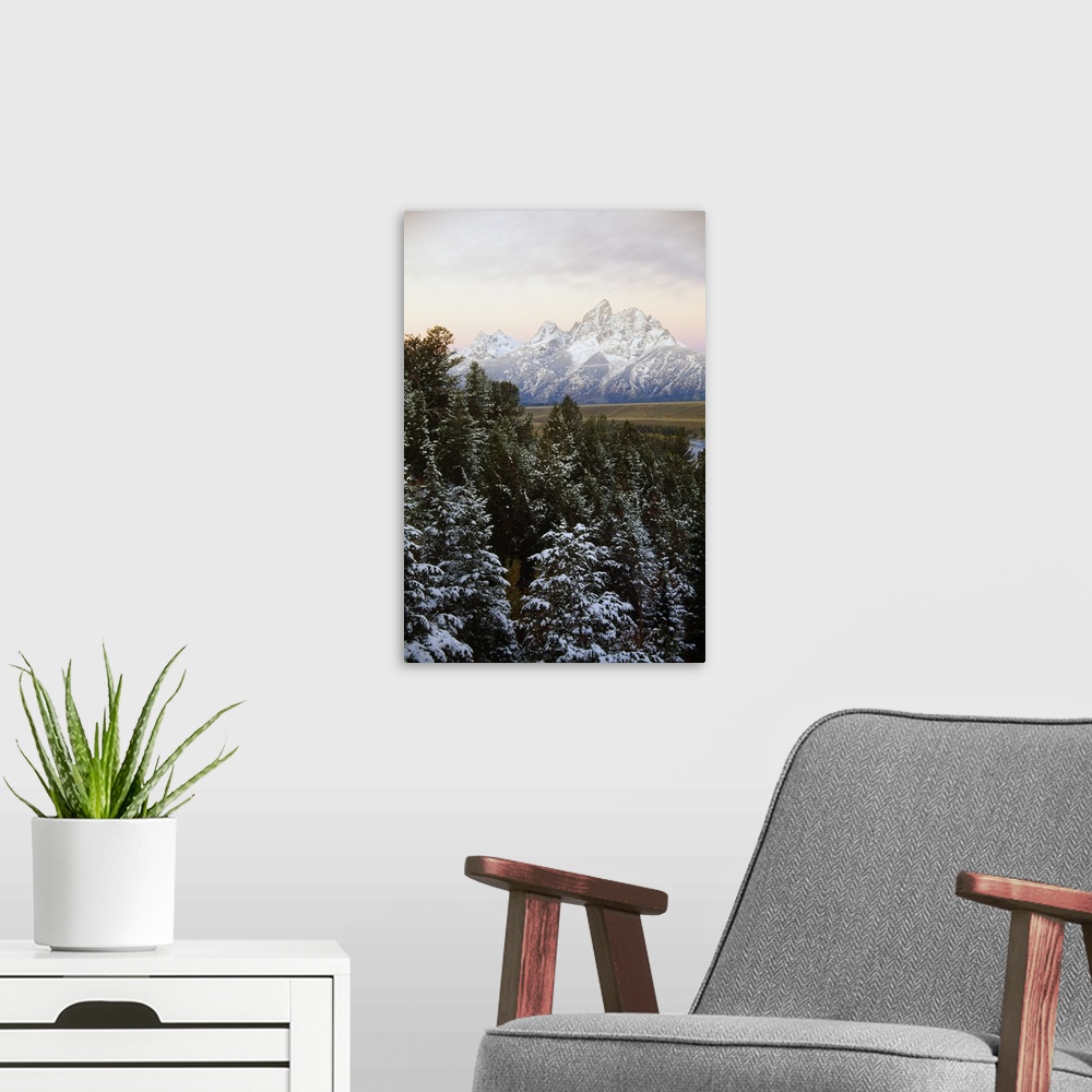 A modern room featuring Autumn snow on Grand Teton mountains, Grand Teton National Park, Wyoming