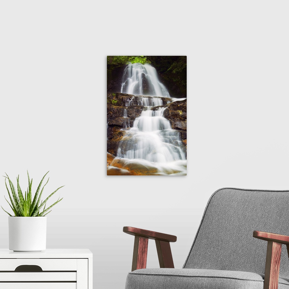 A modern room featuring Vertical photograph on a large canvas of Laurel Creek Falls spilling over a rocky hillside in the...