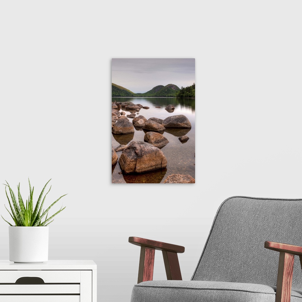 A modern room featuring Rocks in pond, Jordan Pond, Bubble Pond, Acadia National Park, Maine
