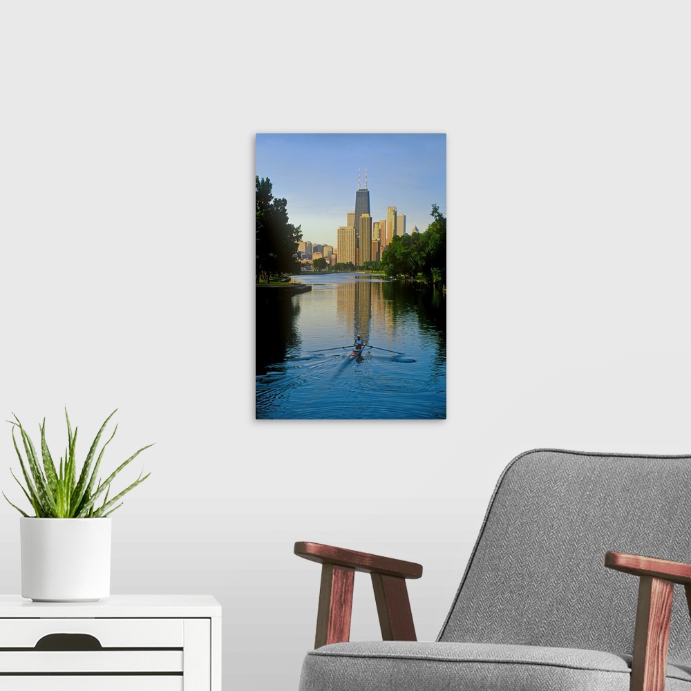 A modern room featuring Rower on Chicago River with Skyline