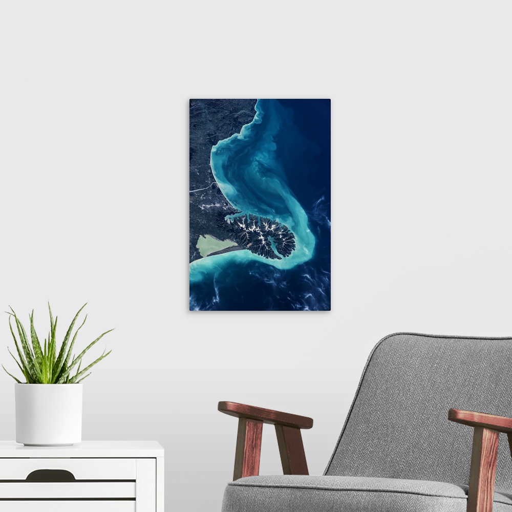 A modern room featuring Satellite view of Lake Ellesmere and Pigeon Bay at Banks Peninsula near Christchurch, New Zealand
