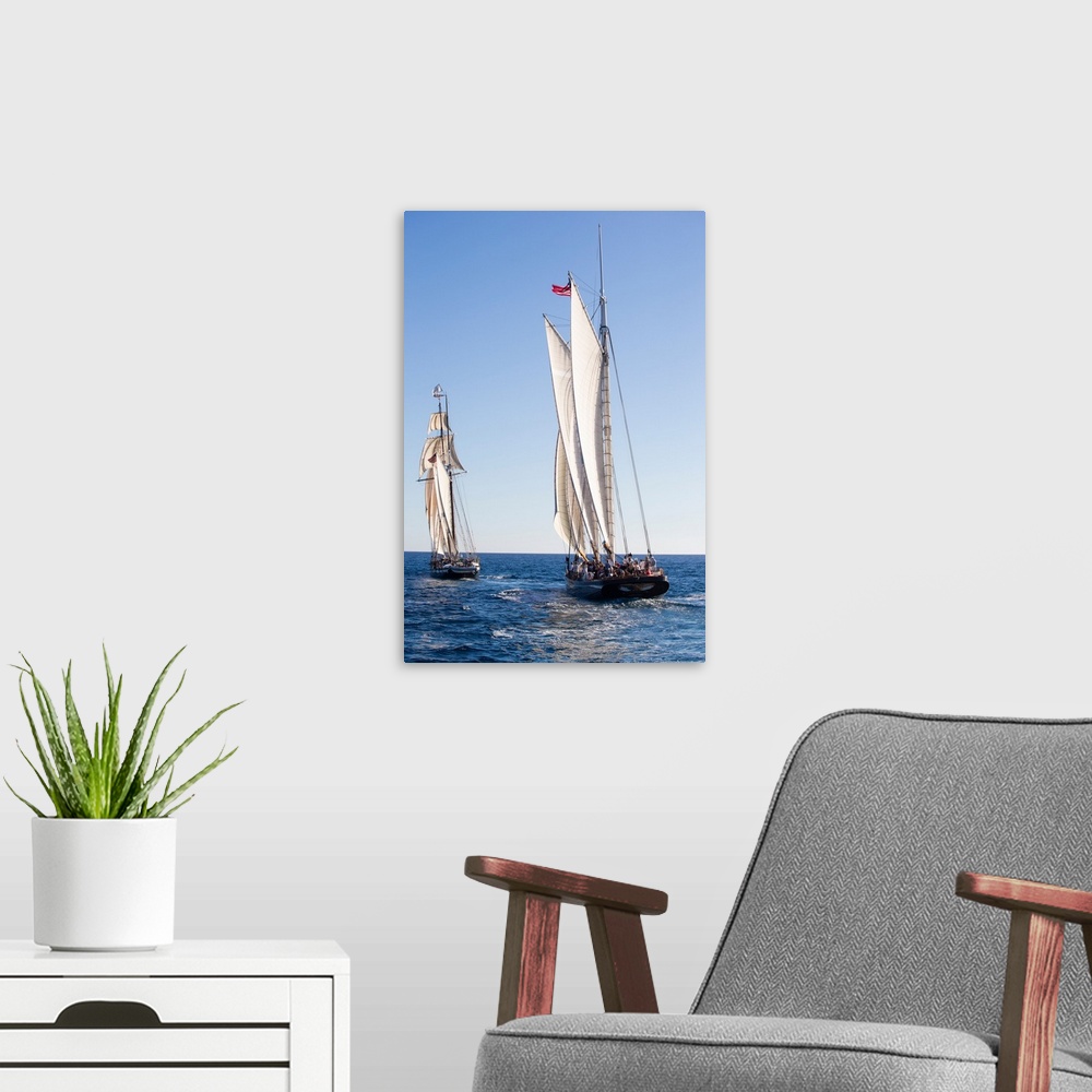 A modern room featuring Tourists on tall ship in the Pacific Ocean, Dana Point Harbor, Dana Point, Orange County, Califor...