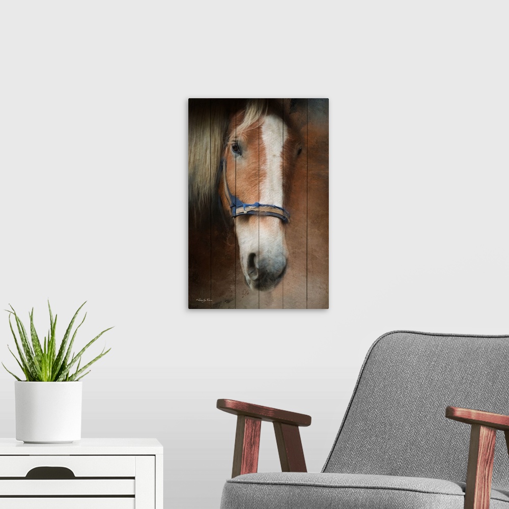 A modern room featuring Decorative artwork of the face of a horse.
