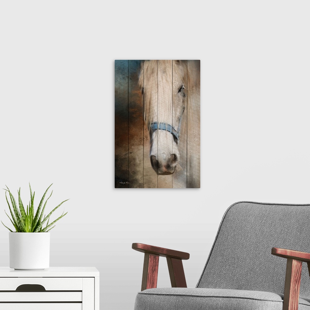 A modern room featuring Decorative artwork of the face of a horse.