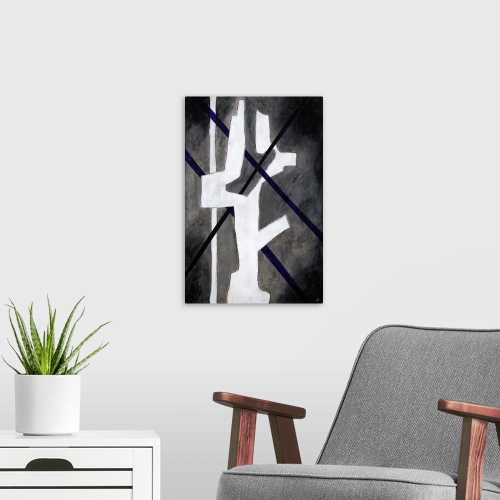 A modern room featuring Contemporary abstract painting using bold contrasting neutral colors. and abstracted shapes.
