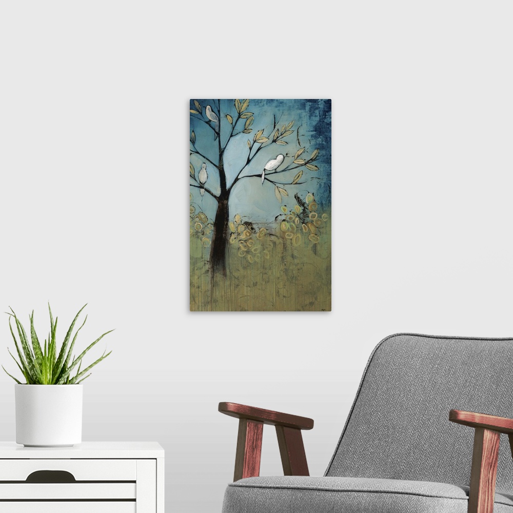 A modern room featuring Contemporary painting of several birds perched in a tree, surrounded by a lush, green landscape a...