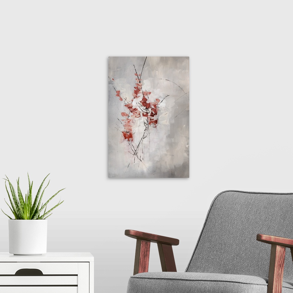 A modern room featuring Contemporary art of several thin, vertical branches covered in blossoms, on a neutral background ...