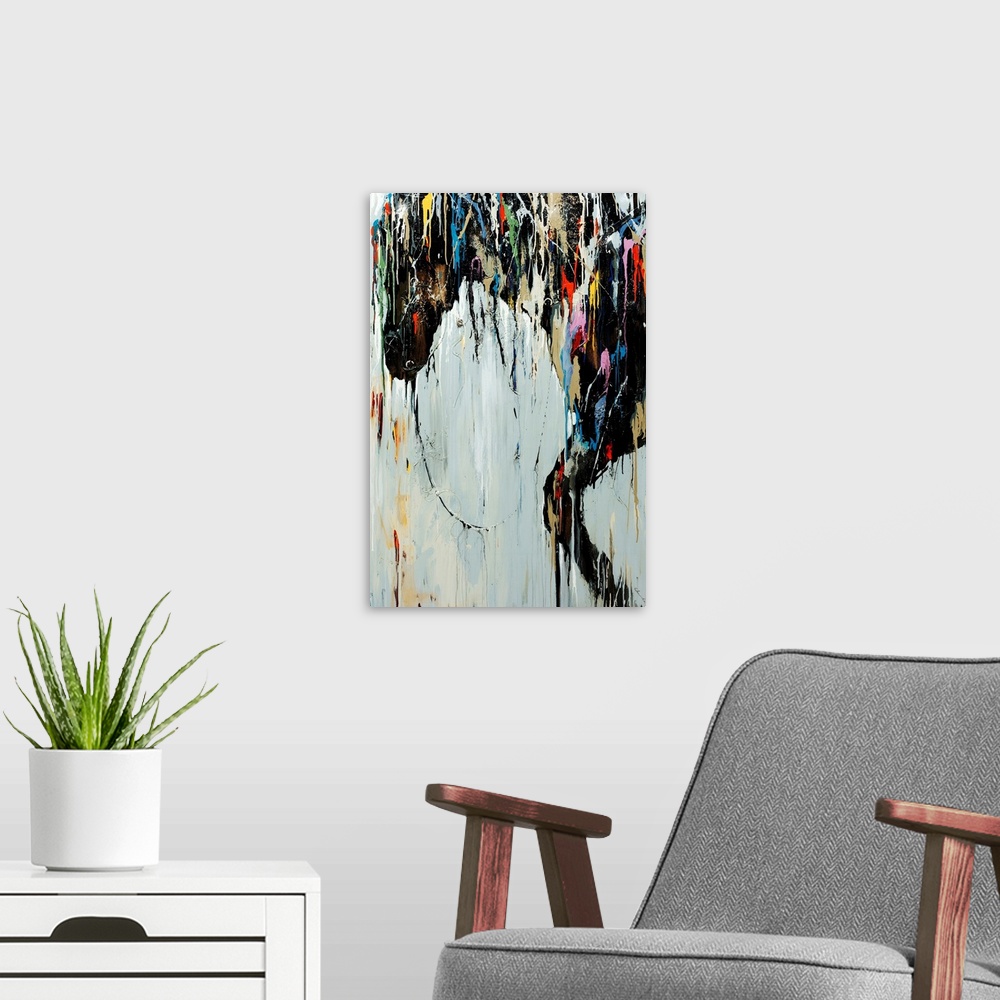 A modern room featuring Contemporary abstract painting with drips and splashes of color over top a depiction of a wild an...