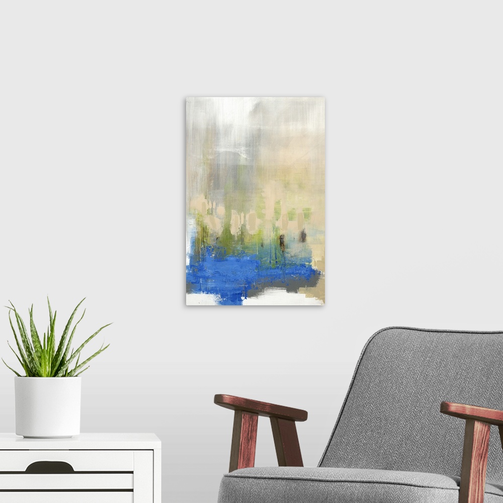 A modern room featuring Contemporary abstract painting with vivid blue on pale beige.
