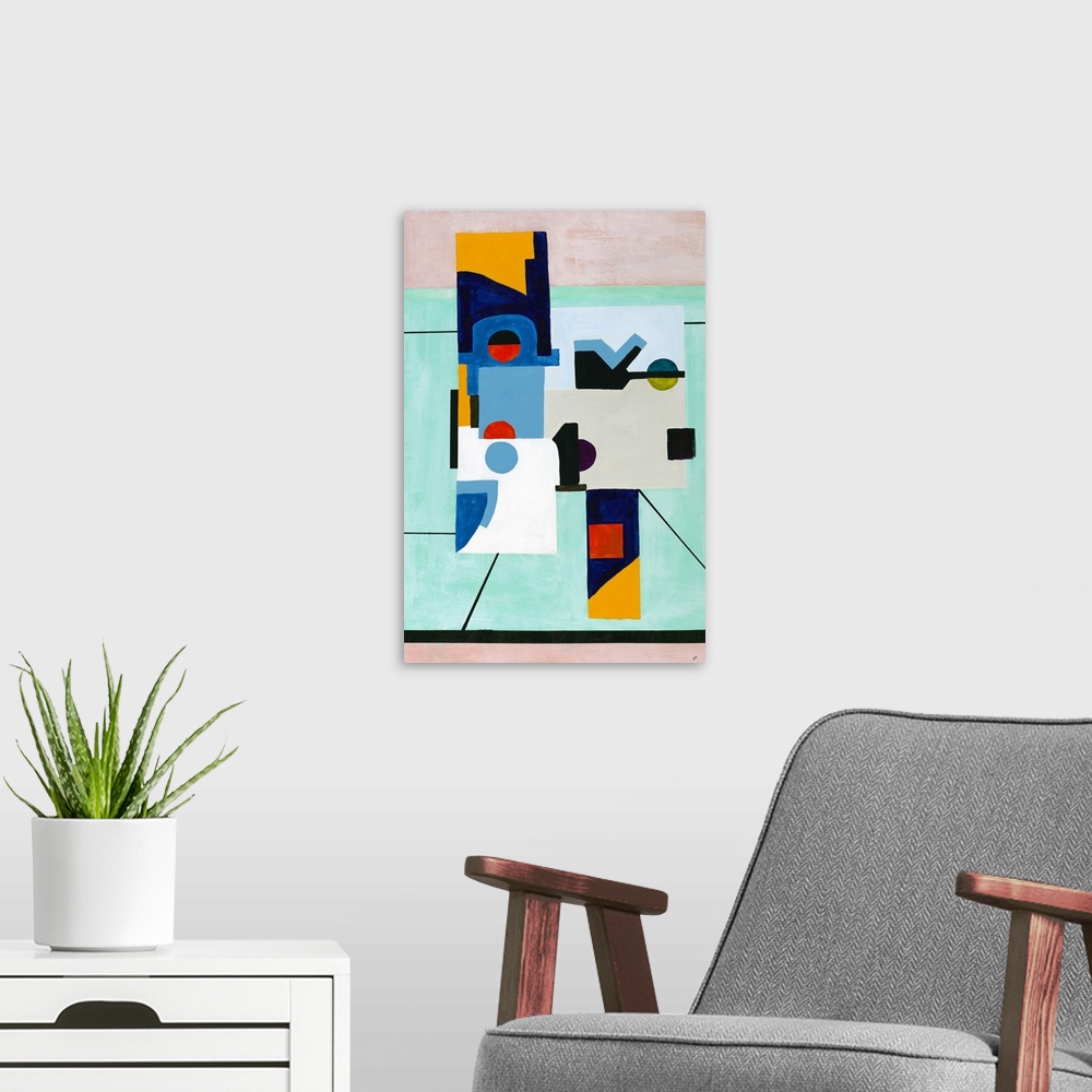 A modern room featuring Geometric abstract with shapes placed together in the middle to create a larger shape in playful ...
