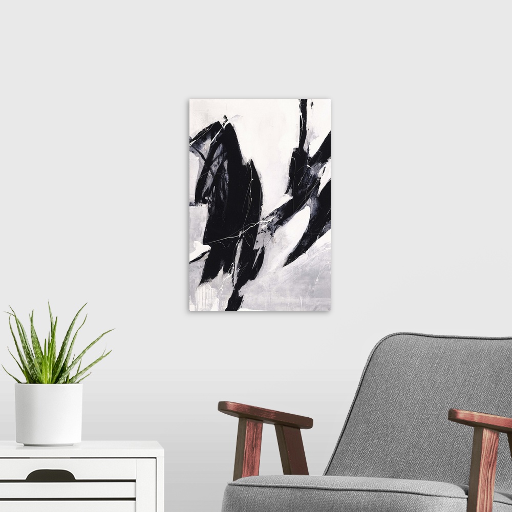 A modern room featuring Contemporary abstract painting using dark bold lines against a neutral toned background.