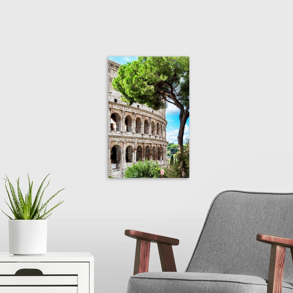 A modern room featuring It's a view of the Colosseum in the centre of the city in Rome, Italy.