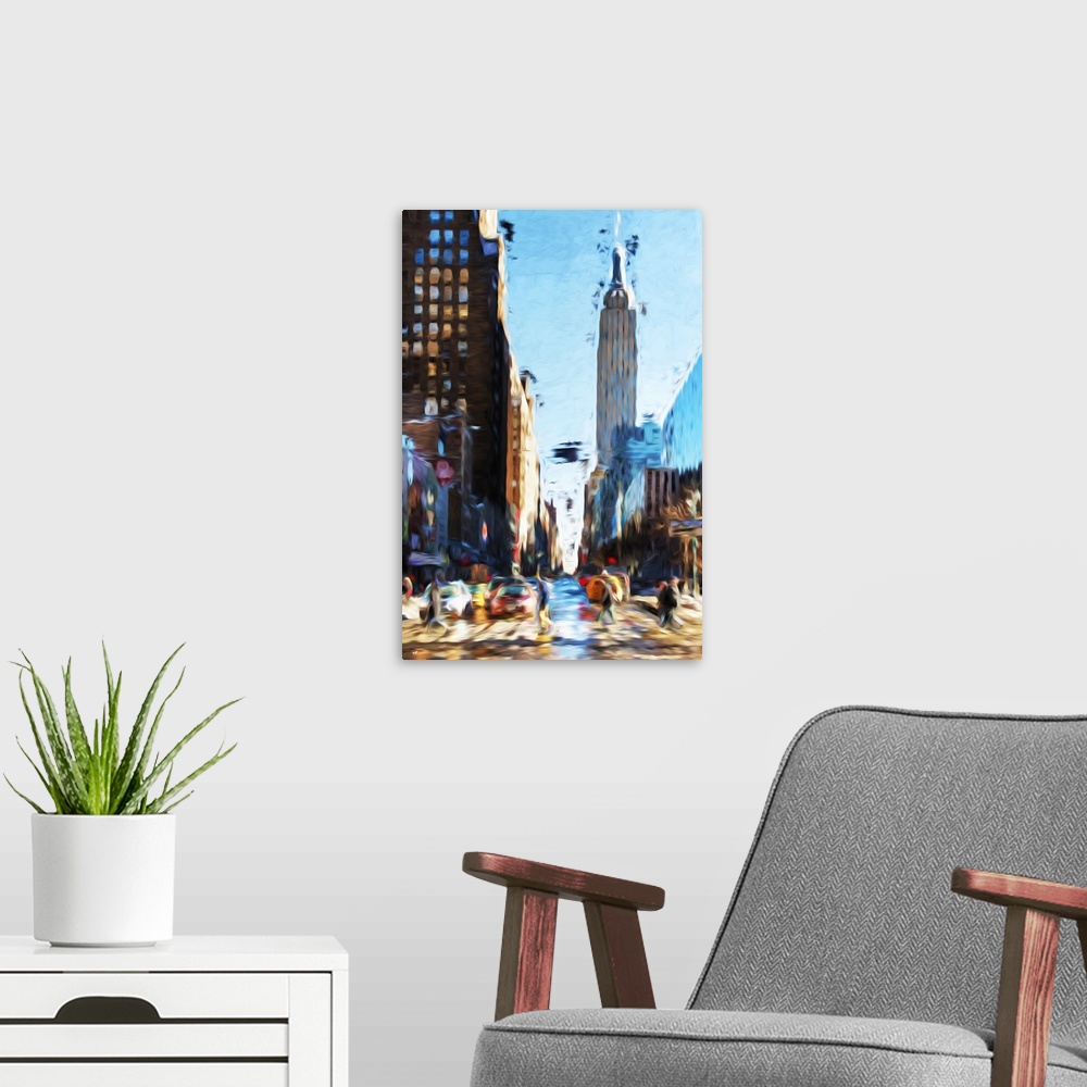 A modern room featuring Painterly photograph of NYC taxis.